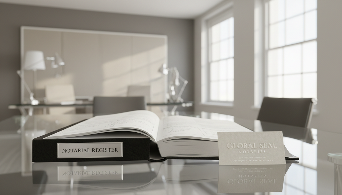 A smart, black leather-bound notary log book with a silver-etched title, open to reveal precisely written pages and an embossed business card. The log book rests on a clean, glass conference table within a modern office environment, with neutral-colored walls and subtle metallic accents in the decor. Natural daylight filters through large windows, creating balanced illumination and faint reflections in the glass. The composition uses a rule-of-thirds approach, capturing details in the book while maintaining visual harmony. The atmosphere is orderly and professional, with an emphasis on corporate, structured simplicity and photographic clarity.