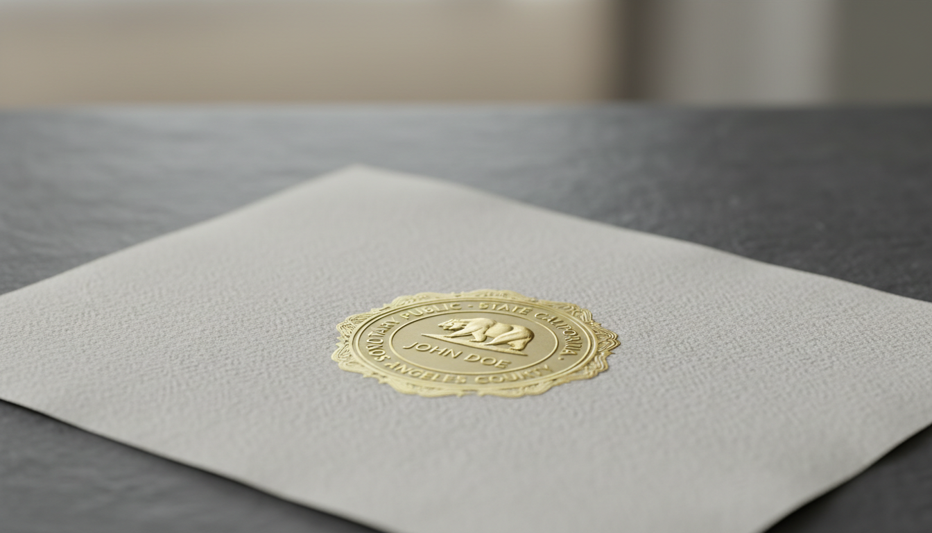 An elegant close-up of an official notary public seal imprinted in gold foil on thick, textured off-white paper. The seal features intricate, raised edges with sharp, clear text, creating a sense of authenticity and precision. The paper is positioned on a smooth, slate-grey tabletop, surrounded by an uncluttered background of muted tones. Overhead softbox lighting highlights the golden emboss and subtle paper texture, lending a sophisticated, confident vibe. The shot uses shallow depth of field, focusing sharply on the seal, evoking trust and professionalism with a refined, minimalist, photographic aesthetic.
