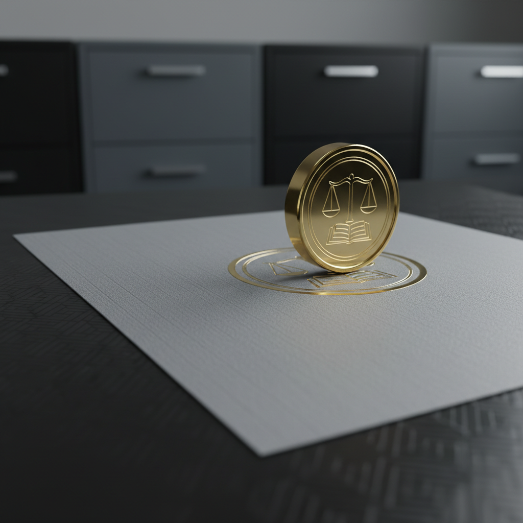 A close-up of a luxurious gold-trimmed notary seal impressed onto an official paper document made from thick, textured steel gray cardstock. The document rests on a structured, ultra-clean black textured tabletop. The setting features sharp, geometric lines, with just a faint out-of-focus background of sleek filing cabinets in black and gray. Cool, soft-front artificial lighting highlights the crisp embossed details and creates an elegant interplay of gold and shadow. The image is shot from a low, side-on angle for maximum texture detail, using a shallow depth of field for a sophisticated, corporate feel. The mood is highly professional, trustworthy, and refined, aligning with a premium business aesthetic.